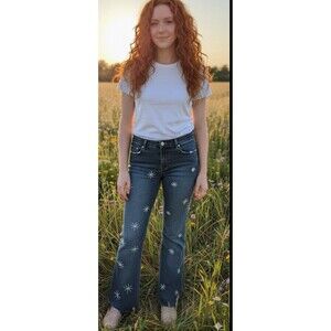 ULTRALOVE Hippy Boho Faded Daisy Embroidered Flared Raw Hem Jeans Jr 9 or W’s 4